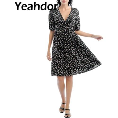 Women Summer Floral Print Chiffon Dresses Sexy Streetwear Deep V Neck Short Sleeves Back Hidden Zipper Closure Pleated Dress