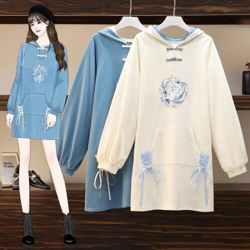 Retro Buckle Hooded Dress Women Autumn Long Sleeve Embroidery Pocket Chinese Style Vintage Loose Sweatshirt Dress Lady Vestidos
