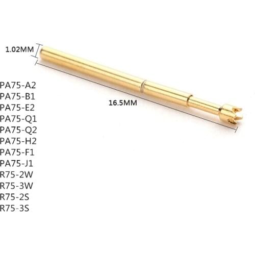 100PCS Brass Metal Spring Compression Testing Pin PA75-A2 / B1 / E2 / Q1 / Q2 / H2 / F1 / J1 Diameter 1.02mm Multimeter
