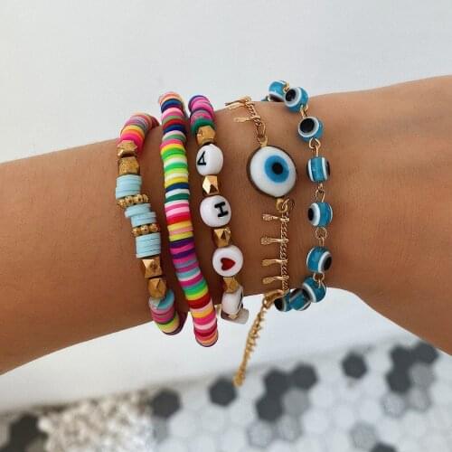 5 Pcs/Set Multicolor Heart Letter Charm Bracelets Evil Eye Gold Beaded Bracelet Women Bohemia Trendy Party Hand Accessory