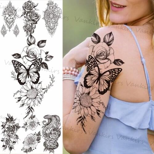 Butterfly Sun Flower Temporary Tattoos For Women Adults Realistic Snake Rose Fake Tattoo Sticker Arm Sunflower Back Tatoos