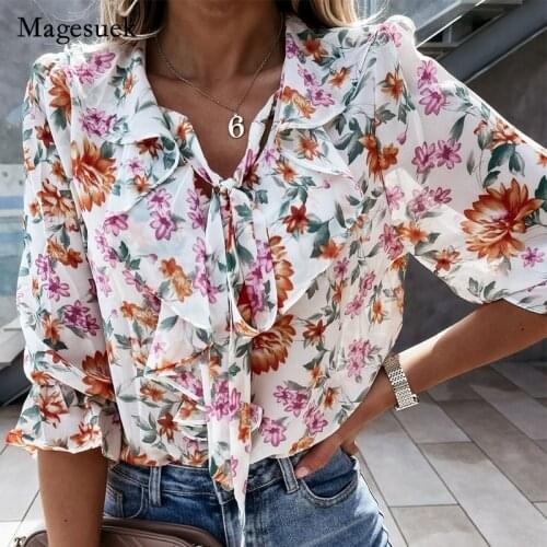 Sexy Bow Blouses 2021 Summer Petal-Sleeved Floral V-Neck Shirts Women Tops Office Lady Casual Vintage Print Blusas Mujer 14884