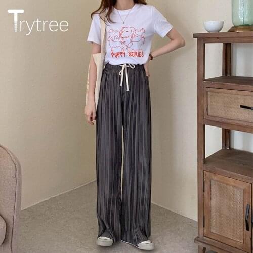 Trytree 2021 Summer Autumn Women Pants Casual Loose Pleated Wide Leg Pants Drawstring Elastic Waist Solid 4 Colors Womens Pants