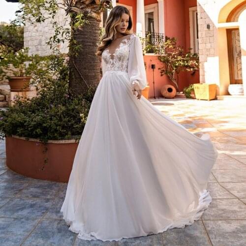 Elegant Boho Wedding Dresses Chiffon Long Puffy Sleeves Appliques Lace Beach Bridal Gowns 2021 Bohemian Marriage Birde Dress New