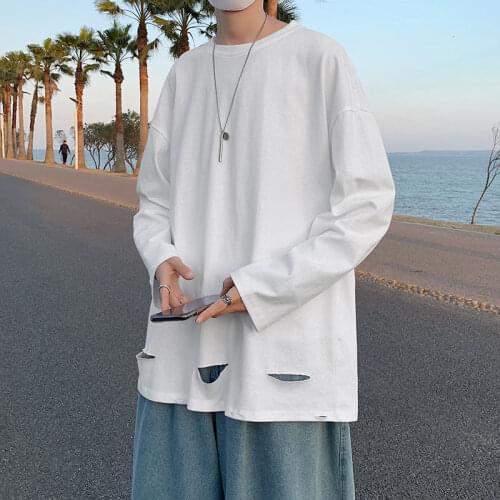 T-shirt Hole Mens Spring Summer Net Red Long Sleeve Casual Wear Listing Fashion White Black Loose College Cotton Streets