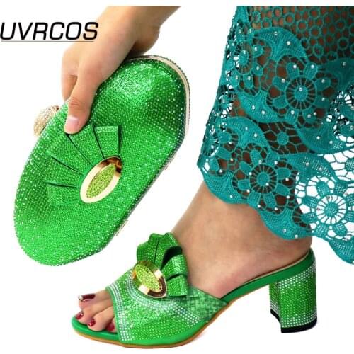 Italian Design Newest Nigerian 2021 Fashion Green Color Party Ladies Shoes and Bag Set With Comfortable Style Decoration
