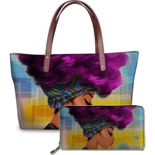 Koko cat 2pcs/set Women Handbags Black Art African Girl Printing Hand Bag&Wallets Ladies Ethnic Top-Handle Bags Females Bolsa