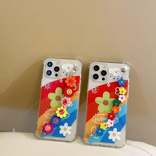 Colorful Rainbow Cute Sun Flower Bracelet Phone Case for iPhone 12 11 Pro Max Mini XS XR X 7 8Plus Daisy Shockproof Clear Cover