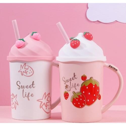 Kawaii Strawberry Ice Cream Mug Coffee Cup Cute Ceramic Tea Mug With Silicone Lid Adults Straw Cups Student Girl Drink Water Cup