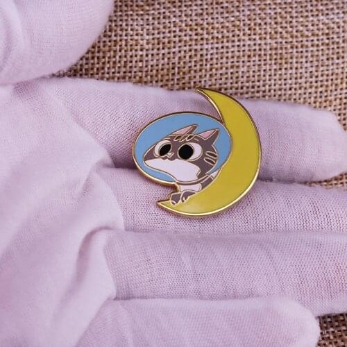 Cute Space Cat On The Yellow Moon Enamel Pin Brooch For Kids Girls Sweater Scarf Hat Badge