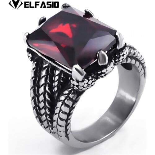 Mens Stainless Steel Ring Silver Dragon Red Cubic Zirconia Biker Jewelry size 8-15