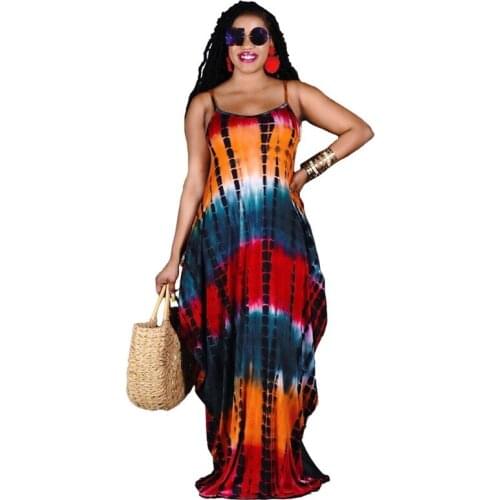 2021 Summer New Leisure Vacation O-neck Tie-dye Printing Sleeveless Bohemian Oversized Suspender Long Skirt Plus Size Dress