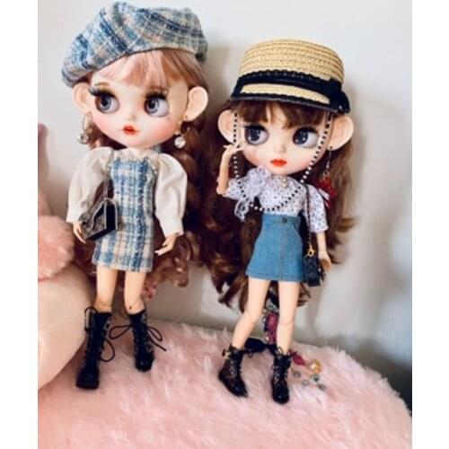 Blythes doll clothes blue plaid pearl strapless dress + puff sleeve blouse blythes 1/6 size doll accessories
