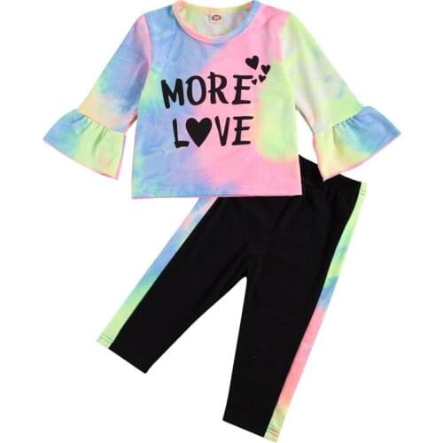 1-4T Girls Two-piece Clothes Set Kids Multicolor Tie-dyed Flared Sleeve Top + Black Long Pants Toddler Kid Clothes set