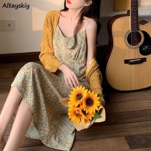 Dress Women Spaghetti Strap Street Vintage Mid-calf Soft Female All-match Inside Clothing 3-colors Floral Elegant Sweet V-neck