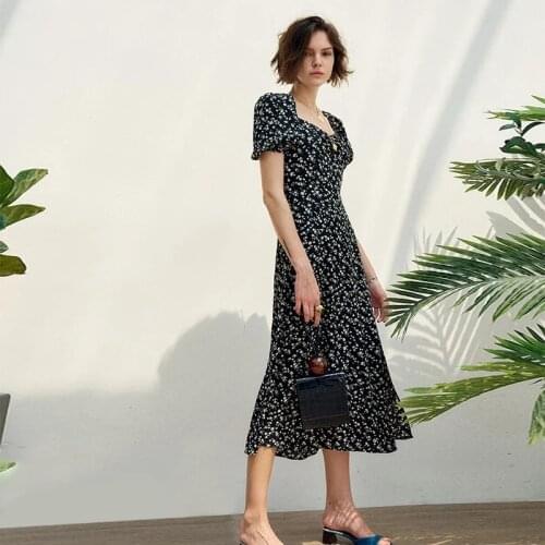 Classical Floral Print Summer Dresses For Women 2021 Trendy Vintage Square Neck Puff Sleeve Sexy Split Party Dress French Robe