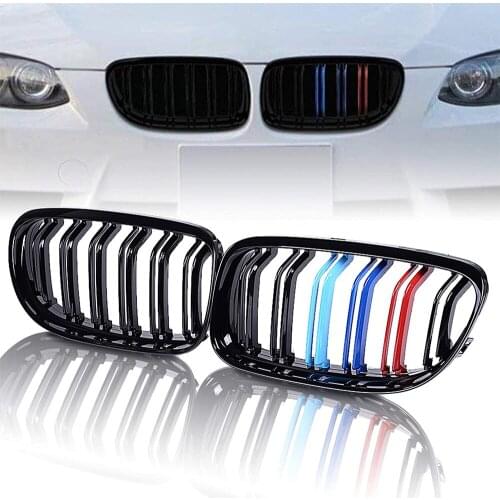 Pair Double Line Slat Front Kidney Grille Grill For BMW 2009-2011 E90 E91 323i 325i 328i 330i 335i LCI Sedan M-Color