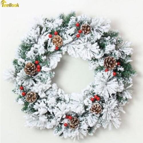Teellook 50cm pine needle mixed snowflake Christmas wreath red fruit decoration snow Christmas pine wreath