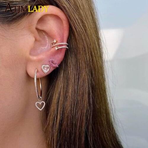 100% 925 sterling silver high quality gold color micro pave cz white Ruby Lips mouth minimalist cute Stud Earring for girls