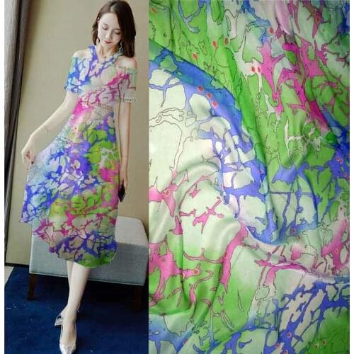 New White Botton Green Flowers Prints Chiffon Fabric For Sewing Woven Material For Curtain Textile Tulle Dress 100% Silk Fabric