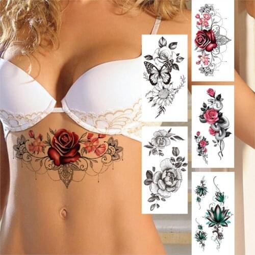 Henna Rose Flower Temporary Tattoo For Women Girls Fake Jewels Lace Tattoos Sticker Black Butterfly Lotus 3D Tatoos Chest Breast