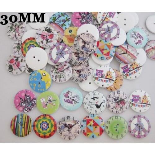 WB0219 Newly arrival 30mm sewing buttons printed Clock patterns wood button mixed 80pcs scrapbooking accessories