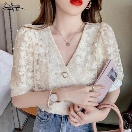 Vintage Chic V-neck Women Blouses Summer 2021 New Puff Short Sleeve Crochet Flower Shirts Lace Beading Ladies Tops Blusas 15134