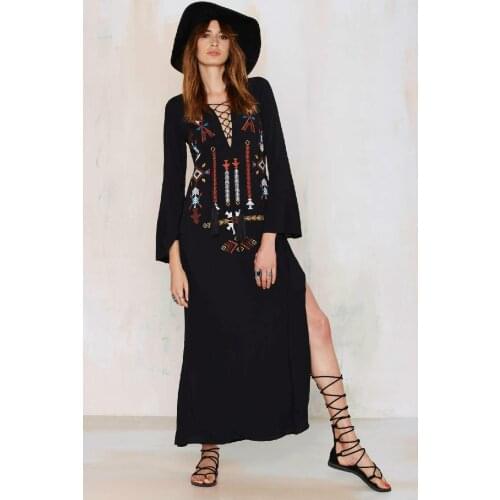 2021 vintage style embroidery long dress women hot sale long sleeve loose maxi dress fashion boho dress bohemian long dress