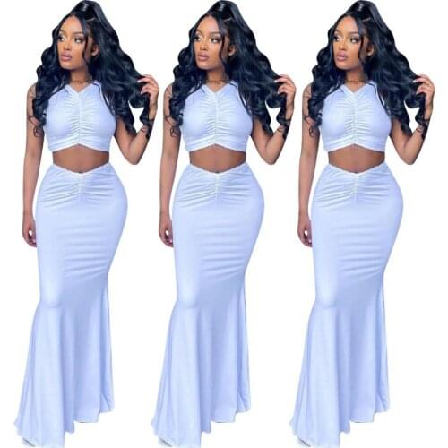 2021 Summer Popular All Match Comfortable Close Fitting Ladies Solid Color Sleeveless Vest Pleated Mermaid Dress Two Piece Su