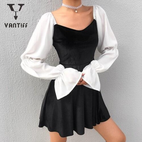 Summer Vintage Elegant Black Gothic Dress Goth Fall 2020 Dress Black and White Bump Square Collar Waist Show Thin Pleated Skirt