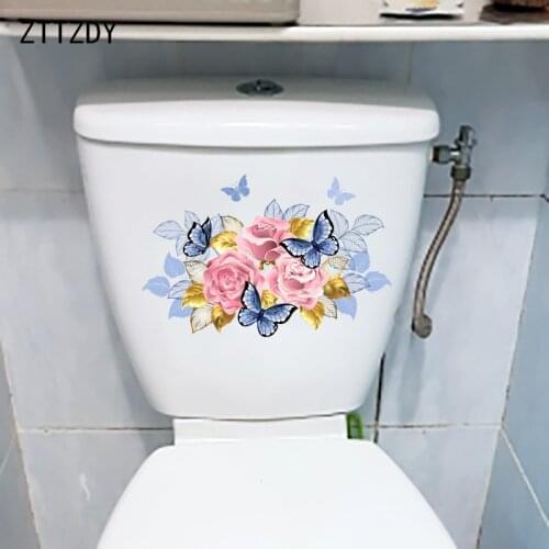 ZTTZDY 26CM×16.9CM Golden Leaf Pink Rose Toilet WC Decoration Home Room Wall Stickers T2-0891