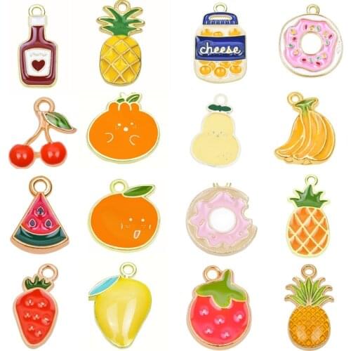 Pineapple Strawberry Fruit Golden Enamel Charms For Jewelry Making Earring Necklace Girl Pendant 10pcs Avocado Donut Accessories