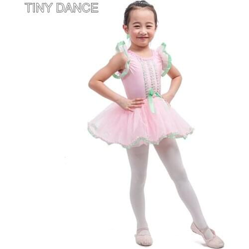Free Shipping Girls Pink Ballet Dance Tutu with Green Ribbon Trim edging Leotard Dress Ballerina Costume DF-001