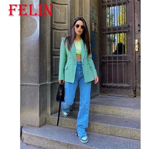 Women Chic Green And Red Plaid Blazer Za 2021 New Office Lady Oversized Long Vintage Blazer Streetwear Pockets Jackets Outwear