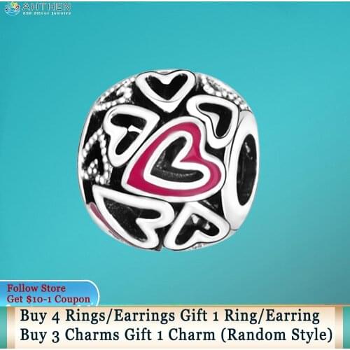 Ahthen S925 Sterling Silver Beads Openwork Freehand Heart Charm fit Original Pandora Bracelets for Women Jewelry Making