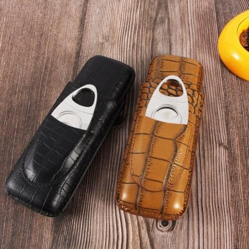 Galiner Genuine Leather Cigar Case 2 Tubes Travel Cigar Humidor Portable Cigarette Cigar Holder W/ Cigar Cutter Gift Box
