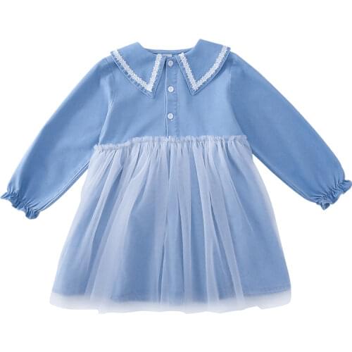 Fashion Kids Girls Jeans Dress Cotton Turn-down Collar Lace Patchwork Dresses Toddler Princess Long Sleeve Shirts Clothes 8 12Y