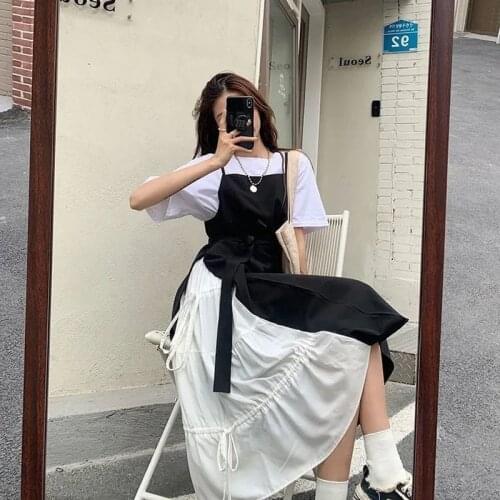 T Shirt and Strap Dresses Two Pieces Set Elegant Summer Korean 2021 New French Design Slim Middle Long Short Sleeve Dress