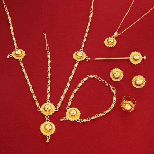Ethiopian Gold Sets Necklace Pendant Earrings Ring Hairpin Bracelet Hair Chain 24K Gold Color Sudan Eritrea Christian Set