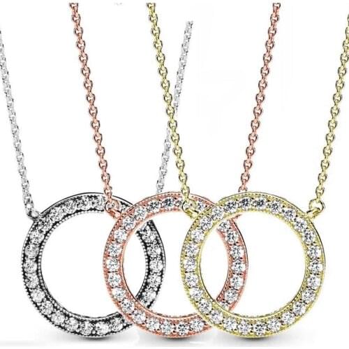 Original Rose Gold Accented Circular Hearts Of Collier Necklace For 925 Sterling Silver Bead Charm Bracelet Pandora DIY Jewelry