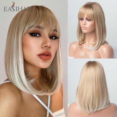 EASIHAIR Short Straight BoBo Ombre Brown Blonde Synthetic Highlight Wigs with Bangs Women Dark Root Bob Heat Resistant Hair