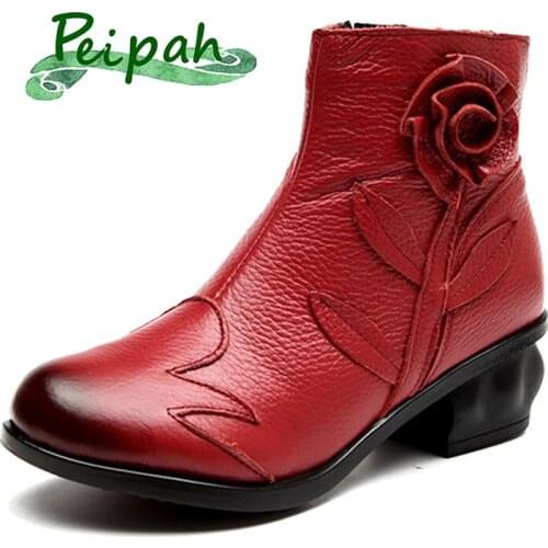 PEIPAH Vintage Flower Handmade Women Ankle Boots Genuine Leather Winter Ankle Boots For Woman Classics Women Shoes Zapatos Mujer