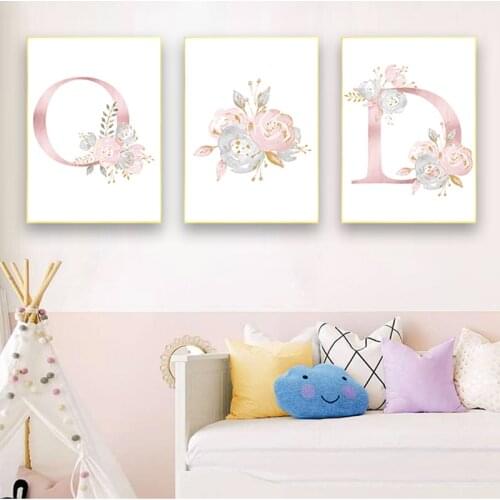 Personalized Poster Baby Name Custom Canvas Painting Nursery Prints Pink Flowers Wall Art Pictures For Girls Room Decoration