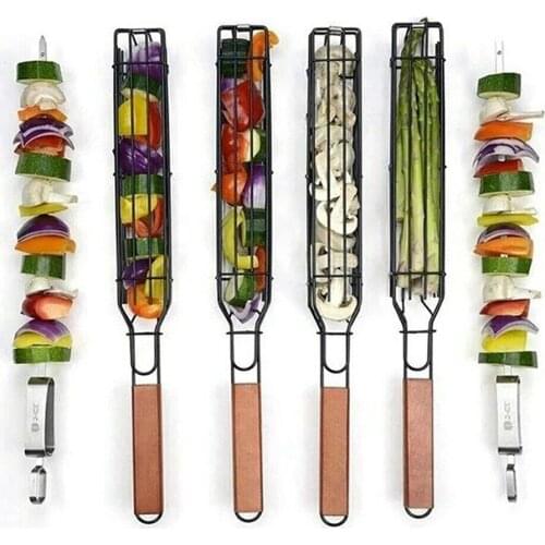 Portable With Handle Chicken Meat BBQ Mesh Clip Nonstick Fish Grilling Basket Roasting Accessories Outdoor Durable Grill BBQ
