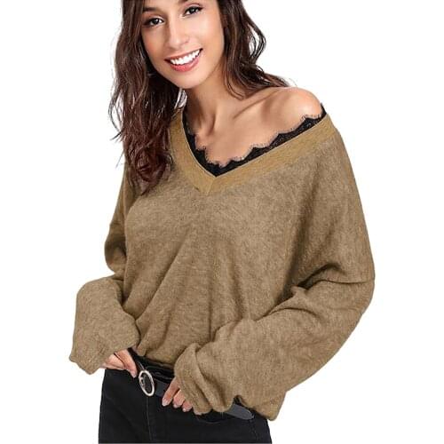 Lace Stitching Sweater Temperament Pullover V-neck Long-sleeved Sweaters Korean Fashion Las Mujeres Sweetshirts Women Sweater