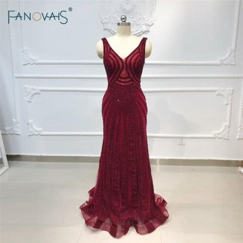Burgundy Mermaid Evening Dresses V Neck Luxury Crystal Formal Evening Gown Long Prom Party Dress Vestido de Fiesta
