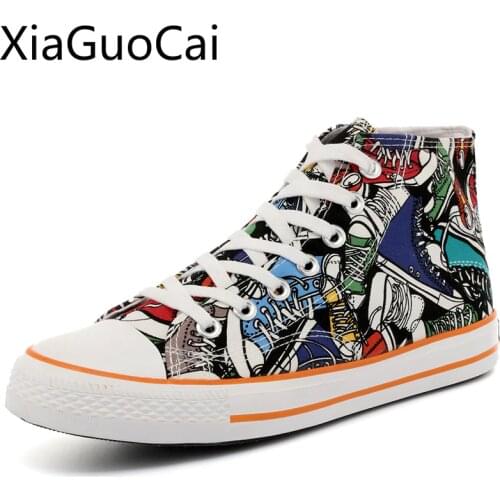 High-top Men Canvas Shoes 2020 New Spring and Autumn Breathable Mens Flat Shoes Wild Korean Casual Graffiti Men Sneakers