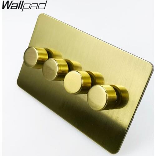 Wallpad Brushed Brass LED Dimmer Switch 4 Gang 2 Way Push On Off Stainless Steel Panel Metal Button