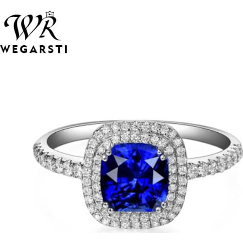 WEGARSTI Created Blue Sapphire Ring Princess Crown Halo Engagement Wedding Rings 925 Sterling Silver Rings For Women 2020
