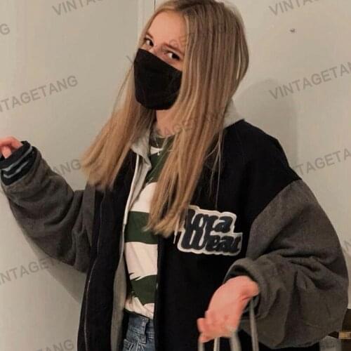 B-TOTO American Retro Black And Gray Color Matching Flocking Embroidery Baseball Uniform Jacket Female Ins Autumn And Winter